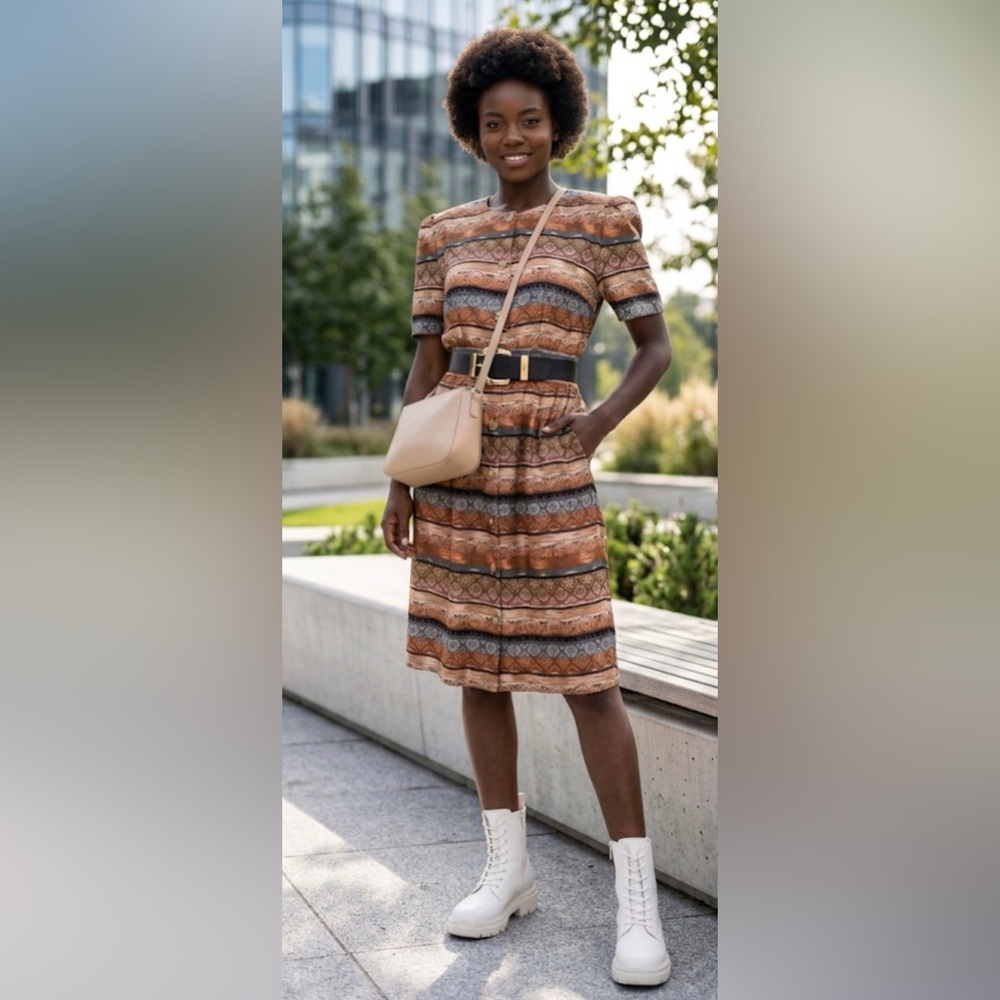 Vintage Positive Attitude Brown and Tan Midi Dress Size 12